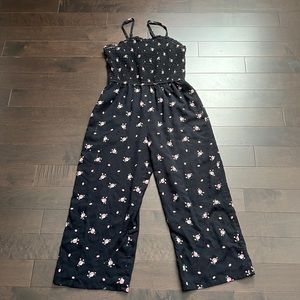 Abercrombie kids one piece black jumpsuit with rose pattern shirred top sz 11/12